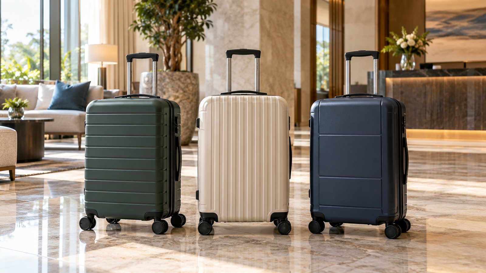 Three carry-on suitcases standing in a hotel lobby (illustrative)