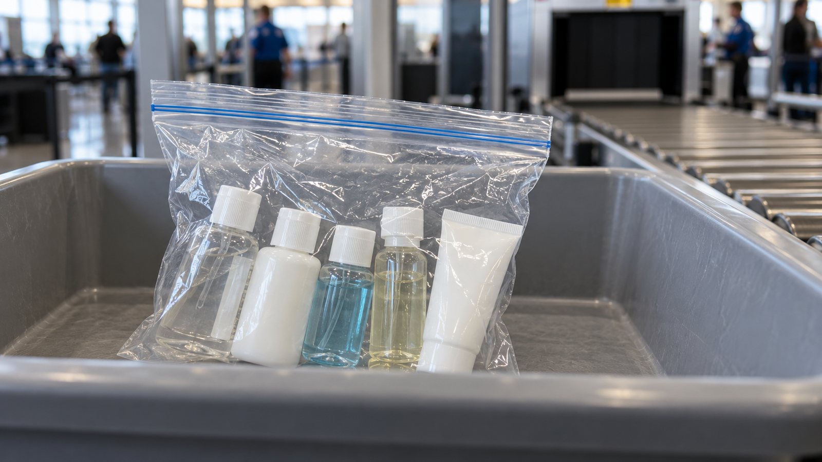 A clear bag of travel-size toiletries in a security tray (illustrative)
