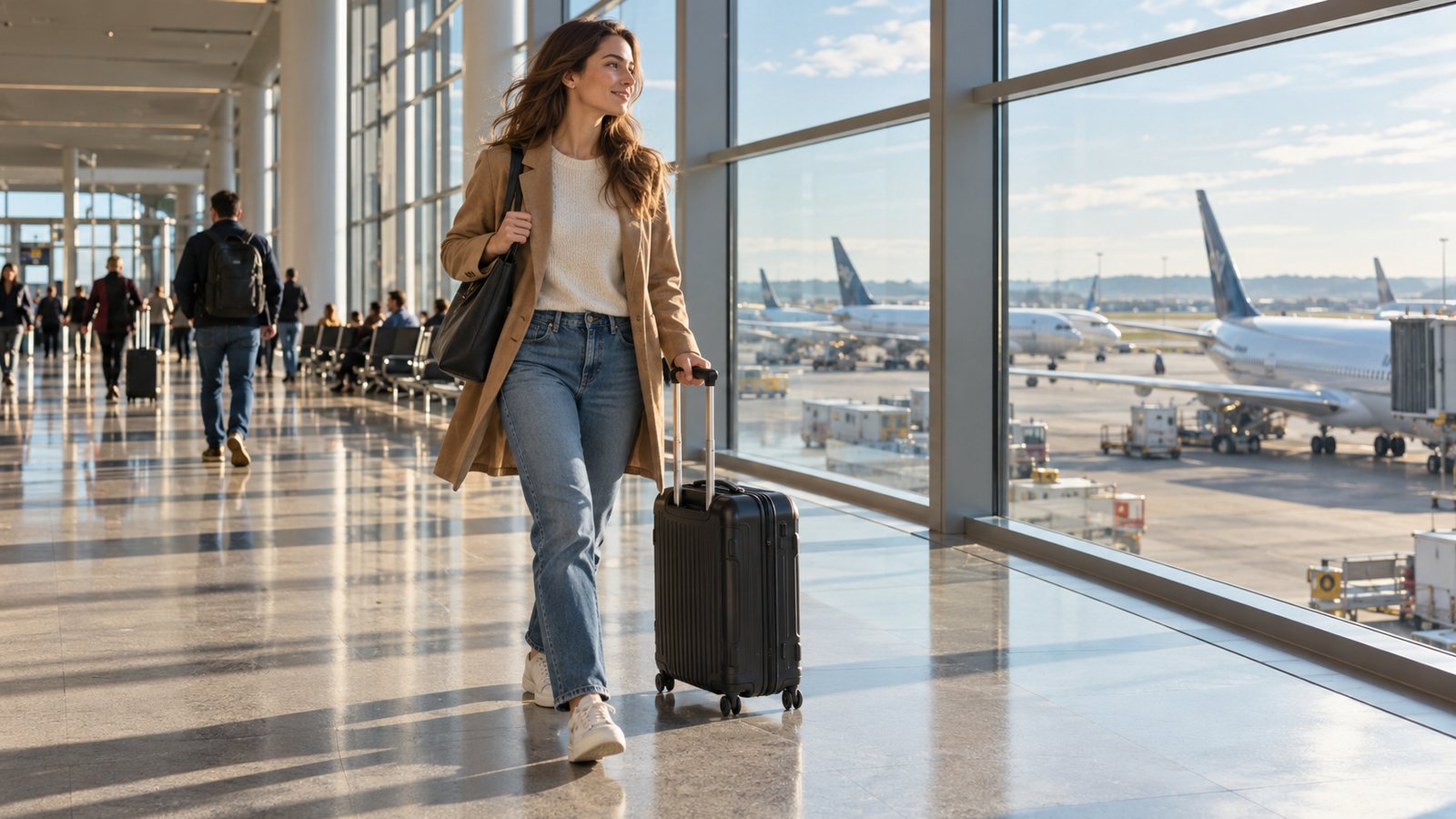 A traveler rolling a carry-on through an airport (illustrative)
